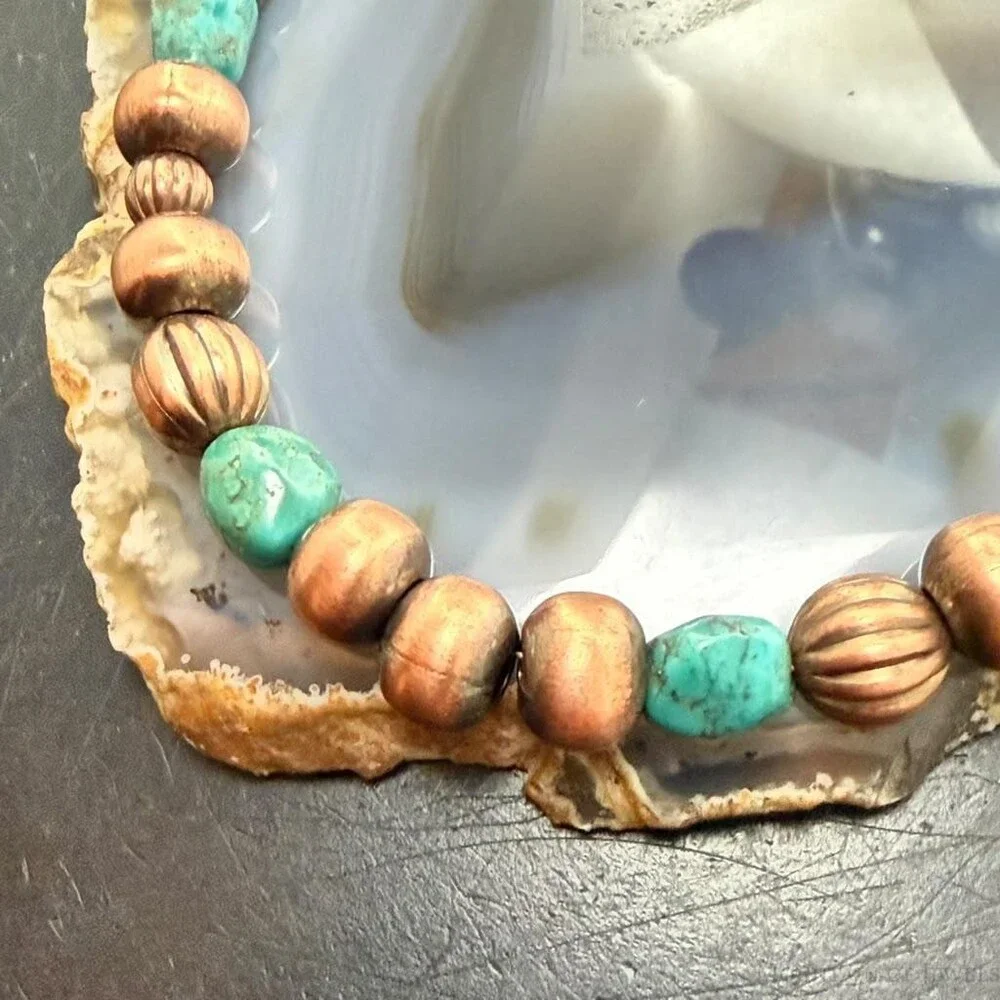 Southwestern Style 3-9.5mm Copper Navajo Pearl,Cylinder&Turquoise Beads Necklace